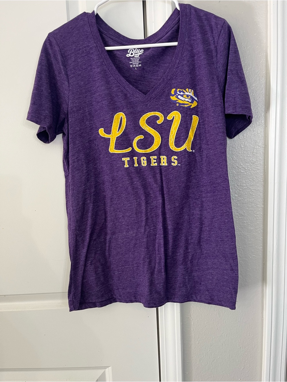 Blue 84 LSU Purple V-Neck Tee with Yellow Accent